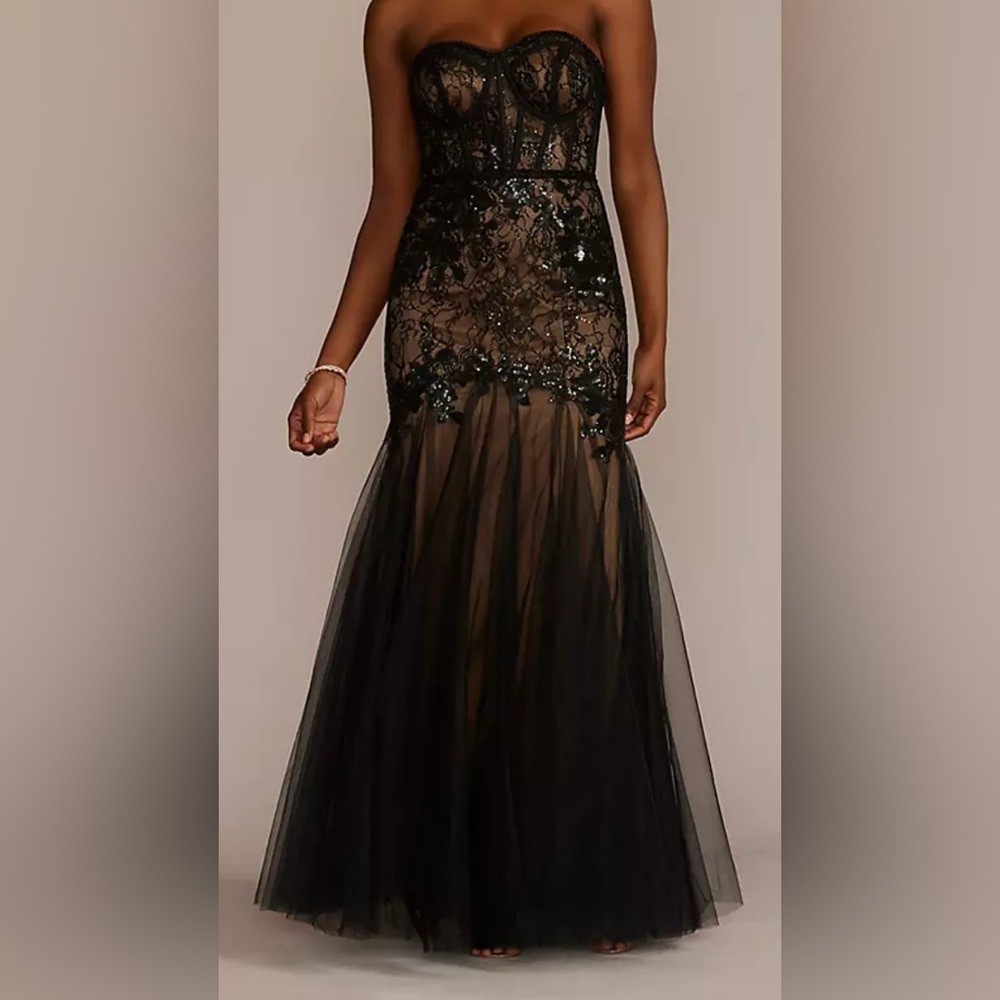 Galina Signature Black Formal Sequin Lace Mesh Strapless Corset Gown (Size 2) - Picture 12 of 16